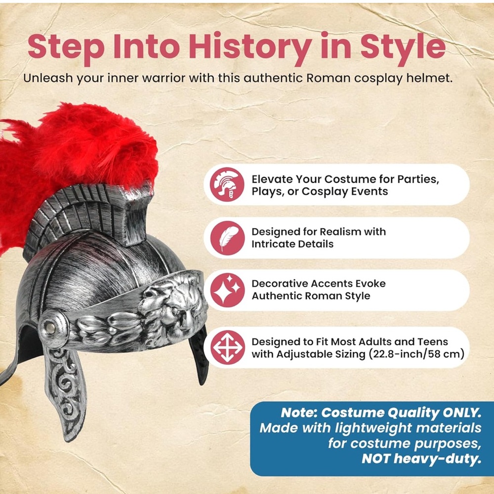 NWT Nicky Bigs Adult Roman Helmet W/Red Fake Feather Plume Greek Gladiator - Picture 2 of 8